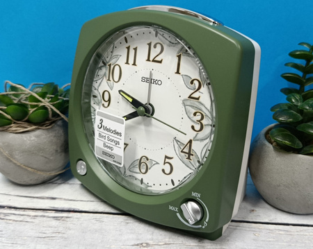 Budzik SEIKO QHP012M 12x13 cm śpiew ptaków melodie regulacja głośności